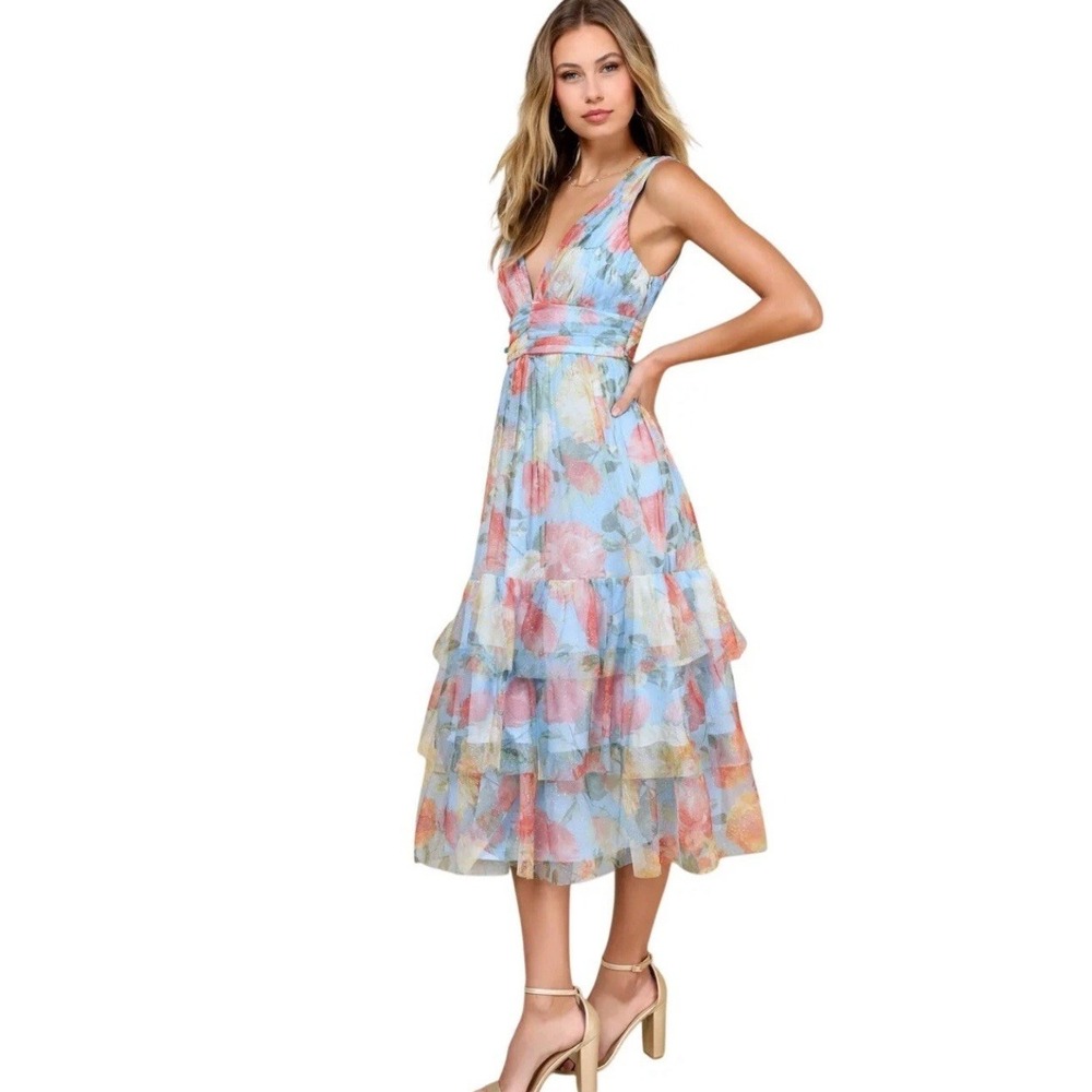 Lulu's Perfectly Divine Blue Floral Tulle Tiered Ruffled Midi Dress Size X-Large